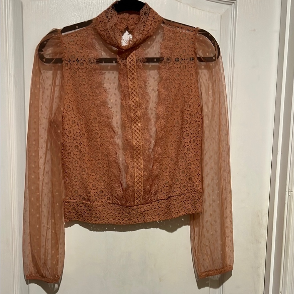 Haute Monde Sheer Blouse with Puff Sleeves and Mandarin Collar